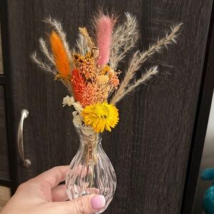 Dried Flower Bouquet in Clear Glass Vase - Yellow & Pink Accent